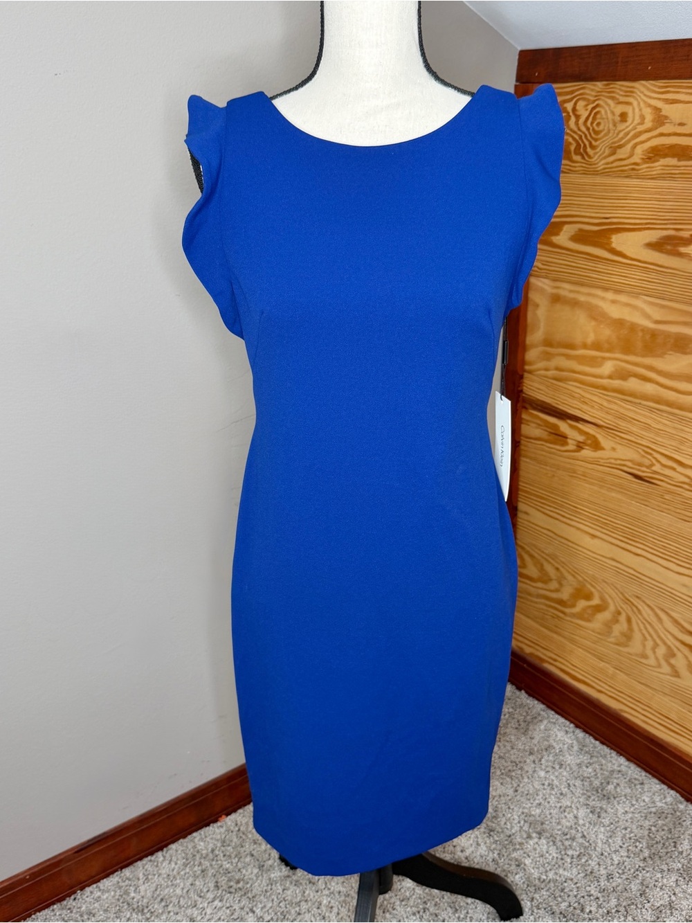 Calvin Klein Ruffle Sleeve Knee Length Sheath Dress Royal Blue 6 NWT Cocktail
